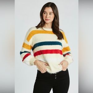 Large Tea n Rose sweater from Three Bird Nest. Cream color with stripes